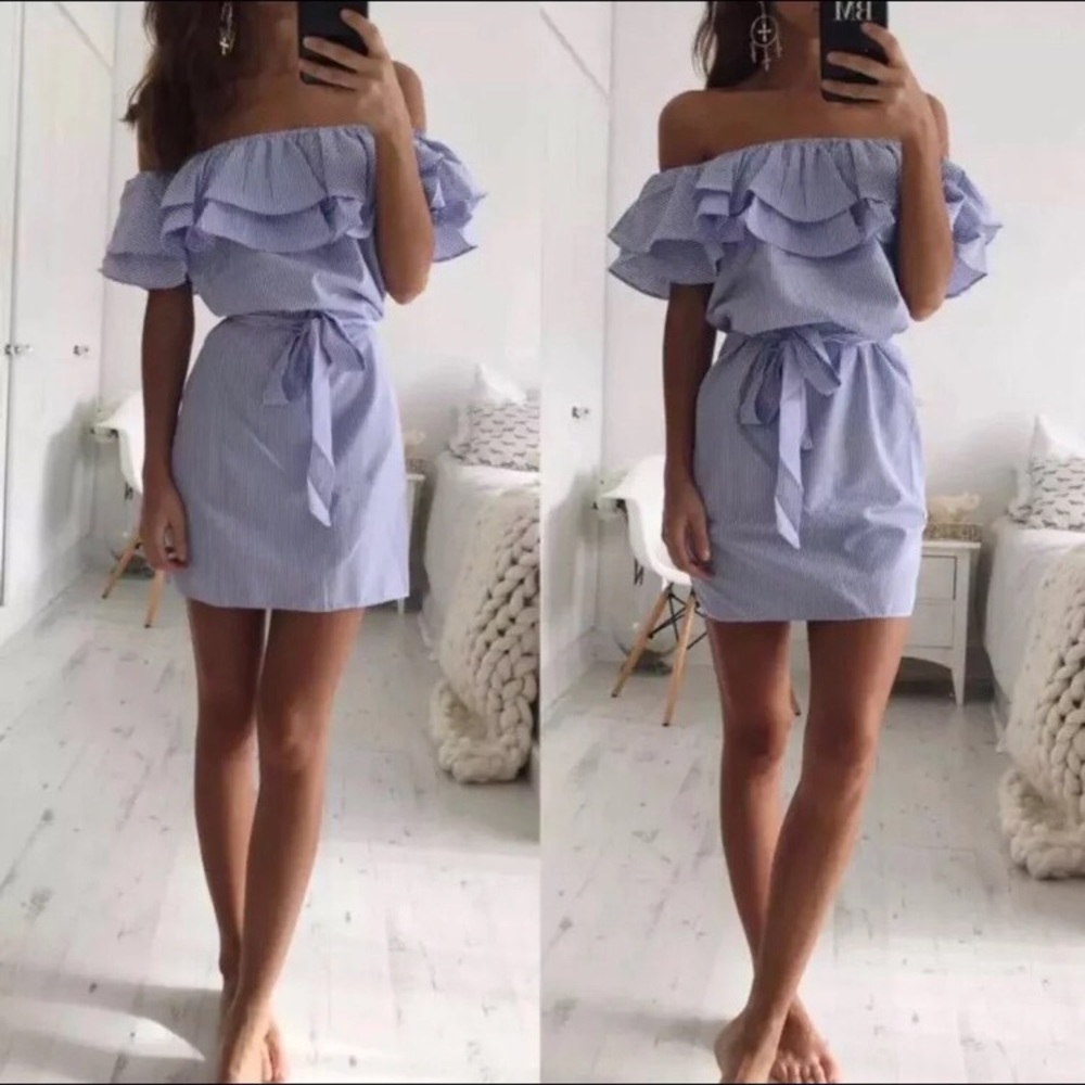 Blue White Off Shoulder Ruffles Mini Dress